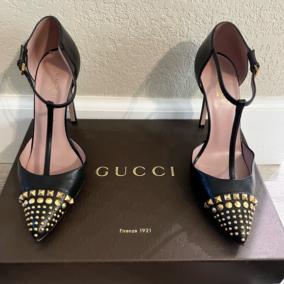 Gucci Malaga Kid Nero Black and Gold Studded T-Strap Heels - Picture 14 of 16